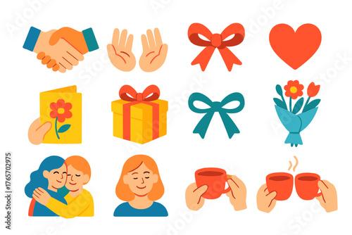 Timeless Gift Icons. Gift Traditions – Timeless Gestures flat icons: handshake, open hands, tied ribbon, heart symbol, thank-you card, wrapped gift, simple bow, flower bouquet,