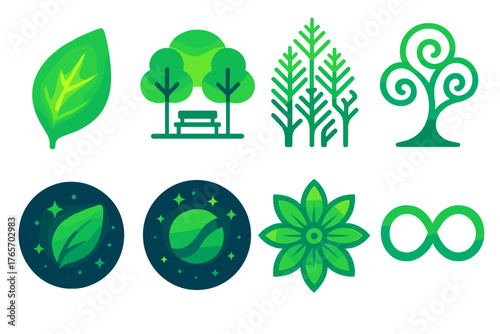 Vibrant Eco Icons. Creative green zone flat icons: glowing leaf, neon park icon, fractal forest, abstract swirl tree, cosmic garden, starry eco badge, ornate flower, infinity green