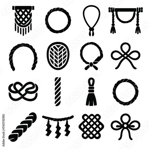 Decorative Rope Icons. Rope in decorative and cultural uses icons in silhouette. Macrame rope, rope bracelet, rope necklace, ceremonial rope