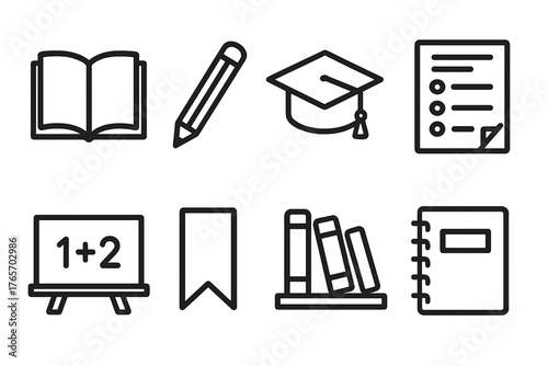 Academic Icons Collection. Academic Revision outline set: open book, pencil, graduation cap, test paper, chalkboard, bookmark, library shelf, notebook.