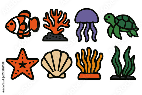 Tropical Marine Icons. Tropical Ocean Icons silhouette set: clownfish, coral reef, jellyfish, turtle, sea star, shell, anemone, sea plant.,