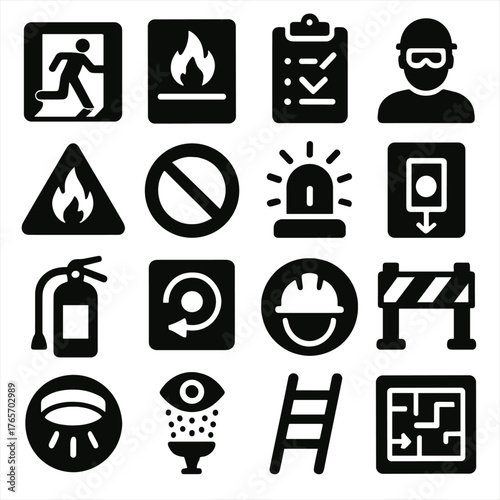 Fire Safety Icons. Fire station safety and signage icons in silhouette. Fire exit sign, fire zone marker, safety checklist, PPE reminder, hazard sign