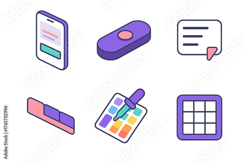Modern UI Icons. User Interface flat icons: mobile layout, button design, dropdown icon, navigation tabs, color picker, component grid.