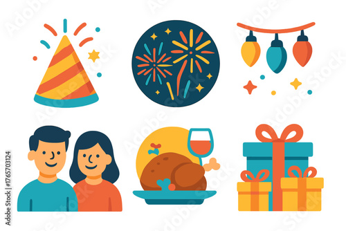 Vibrant Holiday Icons. Winter Holidays Celebration flat icons: party hat, fireworks, holiday dinner, twinkling lights, wrapped presents, smiling faces., , High resolution, sharp