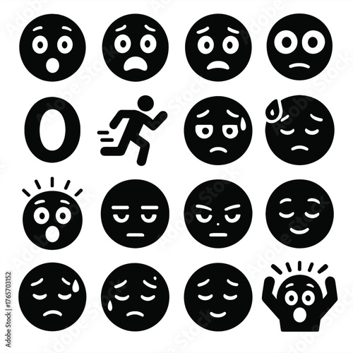 Emotive Icon Silhouettes. Alarm emotions and reactions icons in silhouette. Surprised face, scared face, worried face, alert eyes, shouting mouth