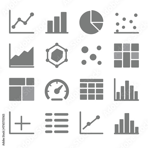 Chart Icons Collection. Line graph, bar chart, pie chart, scatter plot, area chart, radar chart, bubble chart, heatmap, tree map, gauge, data table