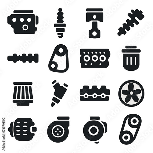 Engine Component Icons. Engine Components icons in silhouette. Engine block, spark plug, piston, crankshaft, camshaft, timing belt, cylinder head