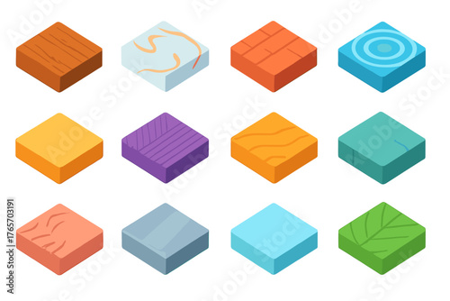 Vibrant Texture Icons. Textures flat icons: wooden surface, marble swirl, brick texture, water ripple, paper grain, fabric thread, sand waves, rock face, fur pattern, metal shine,