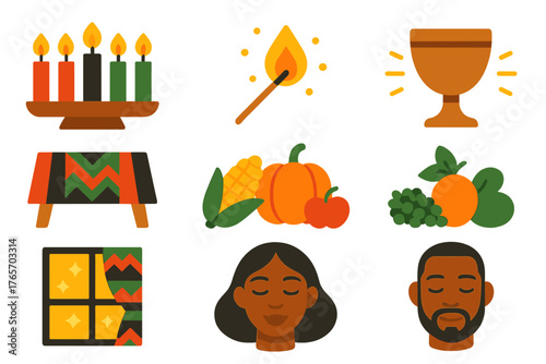 Kwanzaa Festive Icons. Kwanzaa Celebration Light flat icons: kinara candles, matchstick flame, unity cup, festive table, corn and fruit, cultural fabric, glowing room, peaceful