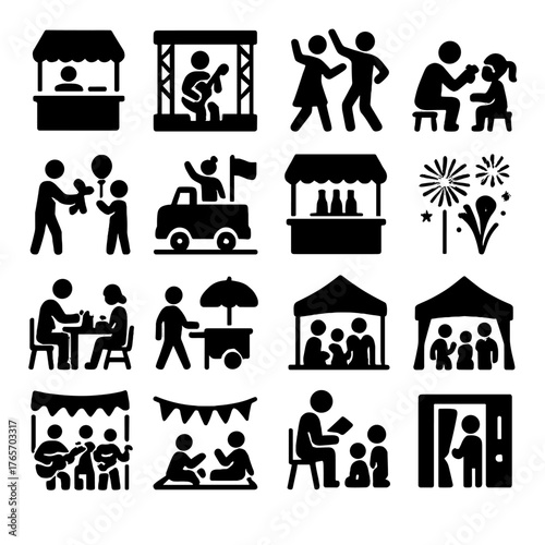 Festival Activity Icons. Neighborhood festivals activities icons in silhouette. Food stall, music stage, dancing, face painting, balloon artist
