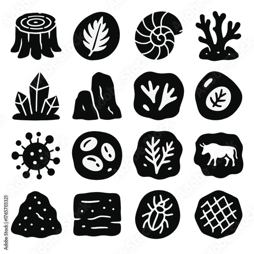 Fossil Icon Collection. Fossil-related natural elements icons in silhouette. Petrified tree stump, fossilized leaf, ancient shell, coral fossil