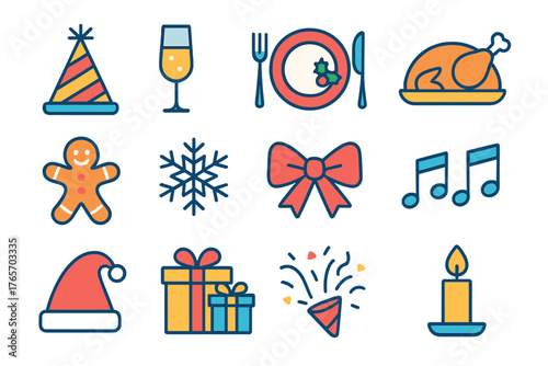 Festive Icons Collection. Christmas Festivities flat icons: party hat, champagne glass, Christmas dinner plate, turkey roast, gingerbread cookies, snowflake, ribbon bow, music