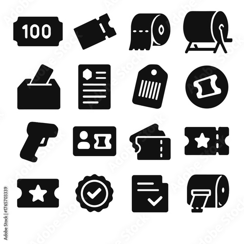 Raffle Icons Collection. Raffle entry and tickets icons in silhouette. Numbered ticket, stub cut, ticket roll, raffle drum, ballot box, entry form