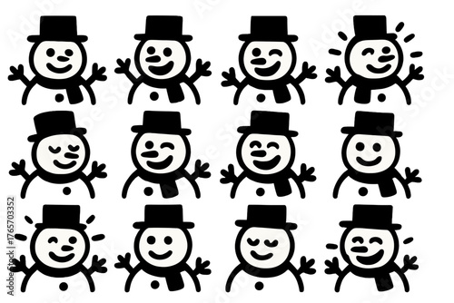 Brutalist Snowman Icons. Joyful Snowmen silhouette set: happy snowman, excited snowman, playful snowman, radiant snowman, delighted snowman, winking snowman, laughing snowman,