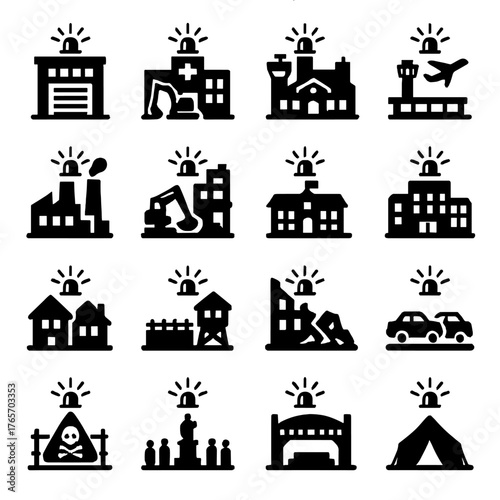 Emergency Icon Set. Siren environments and scenarios icons in silhouette. Fire station, hospital, police station, airport, factory, construction site