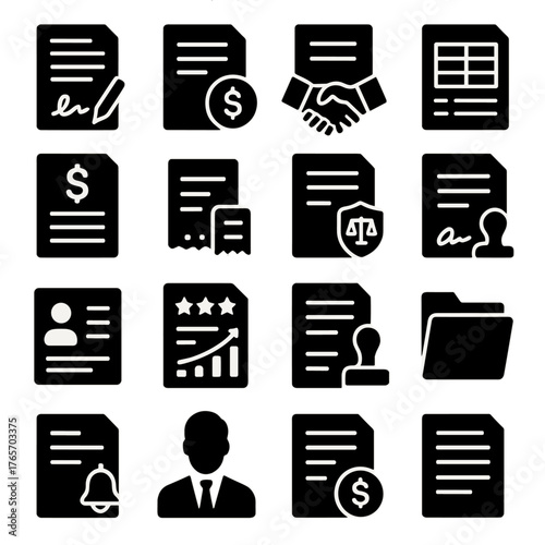 Financial Document Icons. Installment agreements and documentation icons in silhouette. Contract, promissory note, loan agreement, payment schedule