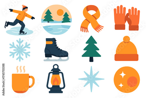 Ice Skating Icons. Frozen Lake Skating flat icons: ice skater, snowy lake, scarf, gloves, snowflake, boots, pine tree, beanie, hot drink, lantern, frost sparkle, sunset glow.