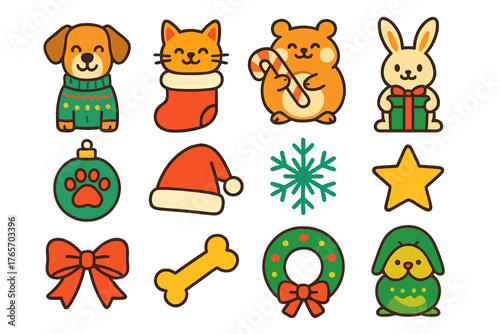 Festive Pet Icons. Holiday Pets flat icons: dog in sweater, cat in stocking, hamster with candy cane, bunny with gift, paw ornament, Santa hat, snowflake, star, ribbon, bow, bone,