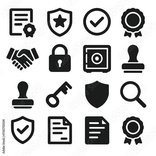 Security Icon Set. Certificate, shield with star, checkmark, ribbon, badge, handshake, lock, safe, approval stamp, stamp, key, shield, magnifying