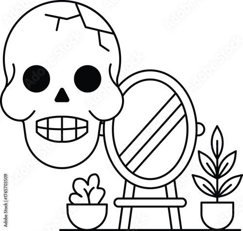 A skull is sitting on a table next to a mirror and a plant