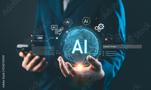 AI artificial intelligence and data technology. Businessman holding a digital globe with AI icons representing innovation, automation, and global connectivity in modern business and tech industries