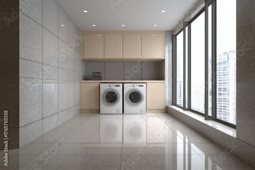 Modern laundry room with two washing machines and large windows.