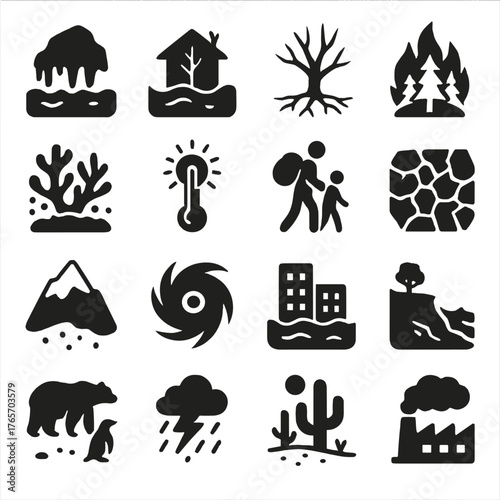 Climate Impact Icons. Fire hydrants in emergencies icons in silhouette. Firefighter with hose, fire truck at hydrant, crowd near hydrant, child