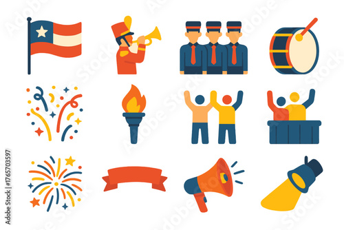 National Parade Icons. National Parade flat icons: flag, marching band, trumpet, soldiers, drum, confetti, torch, crowd, banner, fireworks, megaphone, spotlight.,