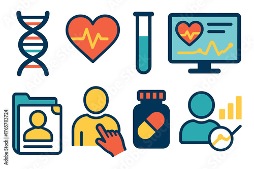 Personalized Medicine Icons. Tailored Medicine flat icons: DNA helix, heart icon, test tube, health dashboard, personalized care file, medicine bottle, data analysis, patient focus