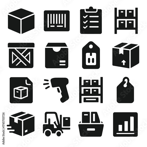 Inventory Icons Collection. Supplier products and inventory icons in silhouette. Product box, barcode, inventory list, stock shelf, crate, packaging