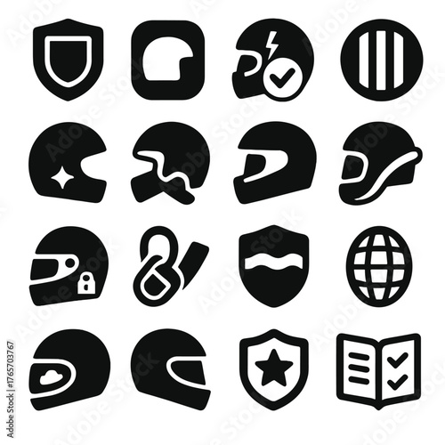 Helmet Safety Icons. Helmet Safety Features icons in silhouette. DOT certification badge, ECE sticker, crash tested icon, high-visibility stripes