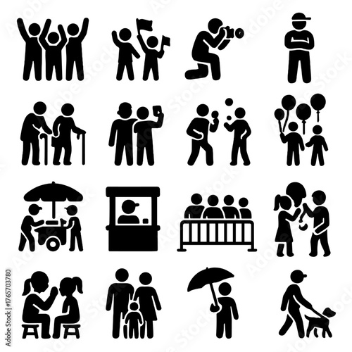 Parade Icons Spectacle. Annual parades crowd icons in silhouette. Cheering people, waving hands, kids with flags, photographers, security guard