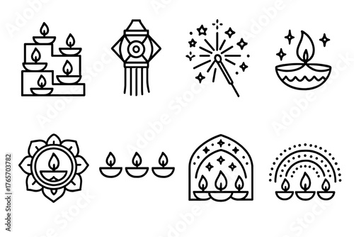 Diwali Icon Set. Diwali Light Celebration outline set: candlelit steps, paper lamps, sparkling firework, glowing rangoli, luminous patterns, night festival, warm radiance, peaceful