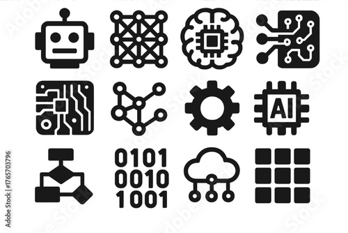 Bold AI Icon Set. Machine Intelligence silhouette set: robot head, neural network, brain chip, circuit board, data nodes, gear icon, algorithm flow, binary code, AI core, lightbulb