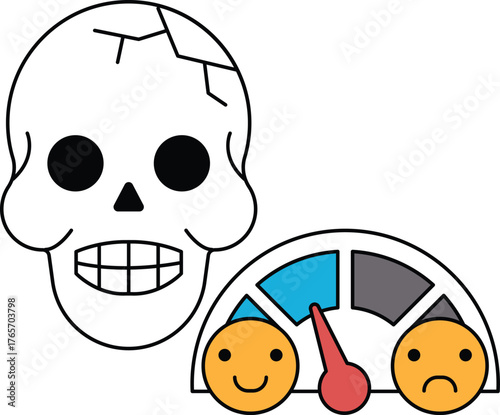 A skull and a car speedometer are drawn in black and white