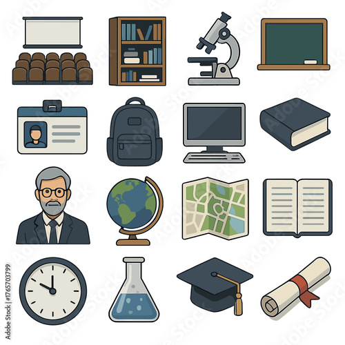 Academic Icons Collection. Lecture hall, library, microscope, chalkboard, student ID card, backpack, computer, book, professor, globe, campus map