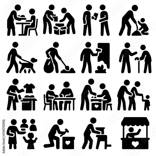 Volunteer Icons Collection. Volunteer Activities and Tasks icons in silhouette. Serving food, packing boxes, distributing flyers, planting trees