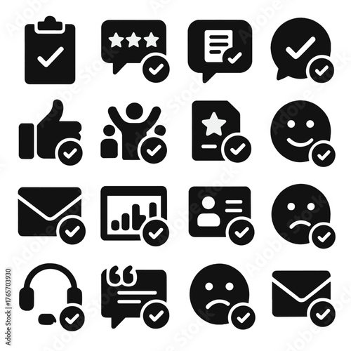 Communication Feedback Icons. Confirmation in communication and feedback icons in silhouette. Survey completed, customer review, feedback submitted