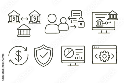 Open Banking Icons. Open Banking linear set: connected banks, user authorization, secure data exchange, account linking, open API gateway, payment flow, verification icon, digital