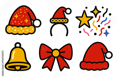 Festive Christmas Icons. Christmas Hat Party Accessories silhouette set: glitter hat, sequin trim, mini headband hat, golden star, sparkling confetti, bell accent, bow ribbon,