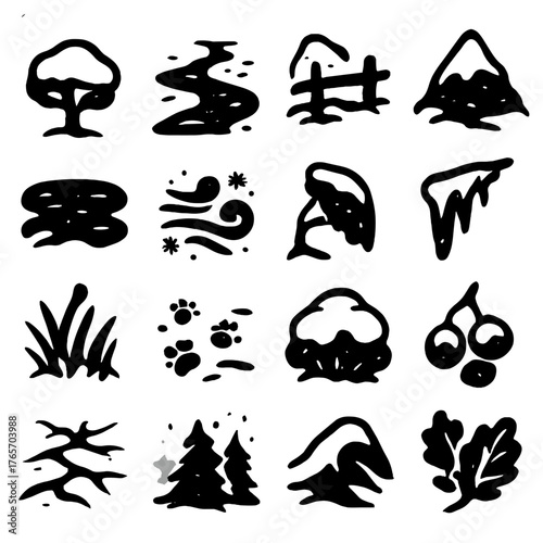 Winter Silhouette Icons. Blizzard Effects on Nature icons in silhouette. Snow-covered tree, frozen river, buried fence, snow-coated mountain