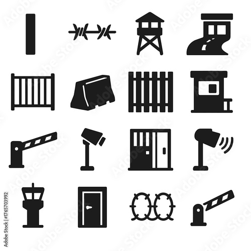 Border Barrier Icons. Border Infrastructure and Barriers icons in silhouette. Fence post, barbed wire, watchtower, patrol road, metal gate, concrete