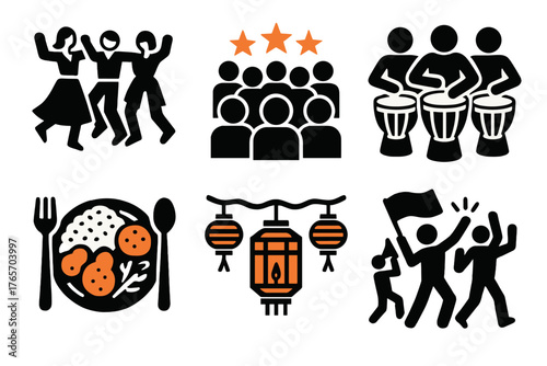 Cultural Icons Set. Cultural Togetherness silhouette set: folk dance, festival crowd, drum circle, traditional meal, lantern lights, joyful parade.,