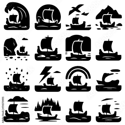 Nature Silhouette Icons. Drakkar in Nature icons in silhouette. Storm wave, sunset silhouette, seagull in sky, mountain horizon, rocky coast