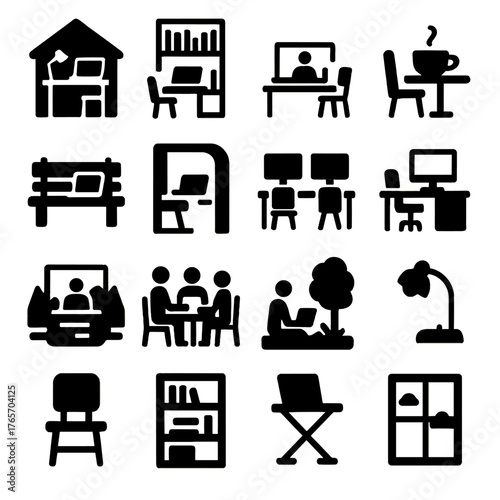 E-Learning Icon Set. E-learning environments and settings icons in silhouette. Home desk, library, classroom, coffee shop, park bench, study nook