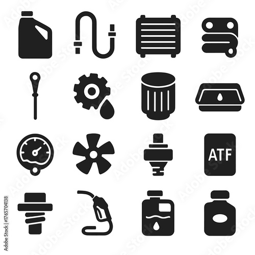 Transmission Fluid Icons. Transmission Cooling and Fluids icons in silhouette. Transmission oil bottle, cooling line, transmission radiator, heat