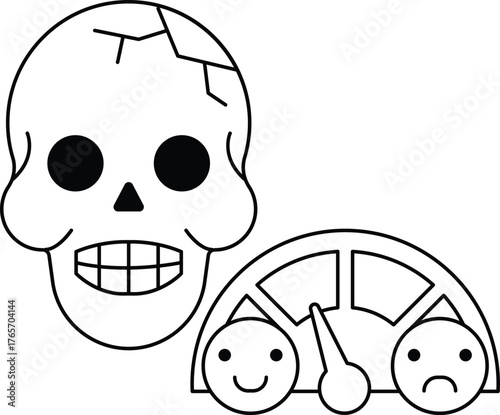 A skull and a car speedometer are drawn in black and white