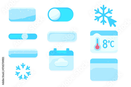 Winter UI Elements. Winter UI Components flat icons: frosty button, snow toggle switch, icy slider, snowflake cursor, frozen progress bar, frosted input field, winter calendar icon