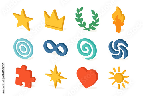 Modern Symbolic Icons. Symbolic mark flat icons: star, crown, laurel wreath, torch flame, ripple circle, infinity loop, spiral, abstract swirl, puzzle piece, guiding star, heart,
