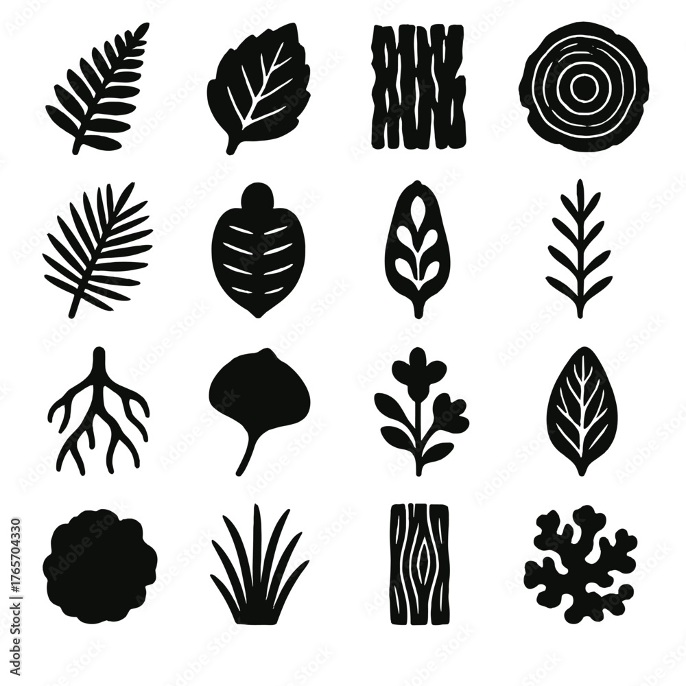 Fototapeta premium Fossil Plant Icons. Plant Fossils and Imprints icons in silhouette. Fern imprint, fossilized leaf, ancient bark texture, petrified wood ring, palm